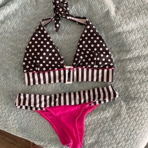 Bikini swimsuit Black/White/Pink striped/polka dot Size Large